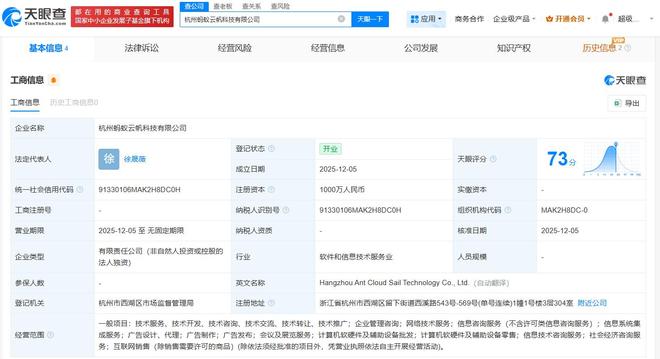 螞蟻集團(tuán)成立云帆科技，注冊資本1000萬布局計(jì)算機(jī)軟硬件零售